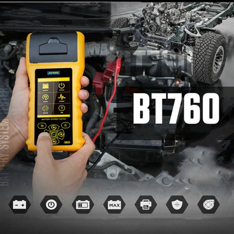 Autool BT760 colour screen vehicle battery tester with red and black clips and built-in thermal printer.