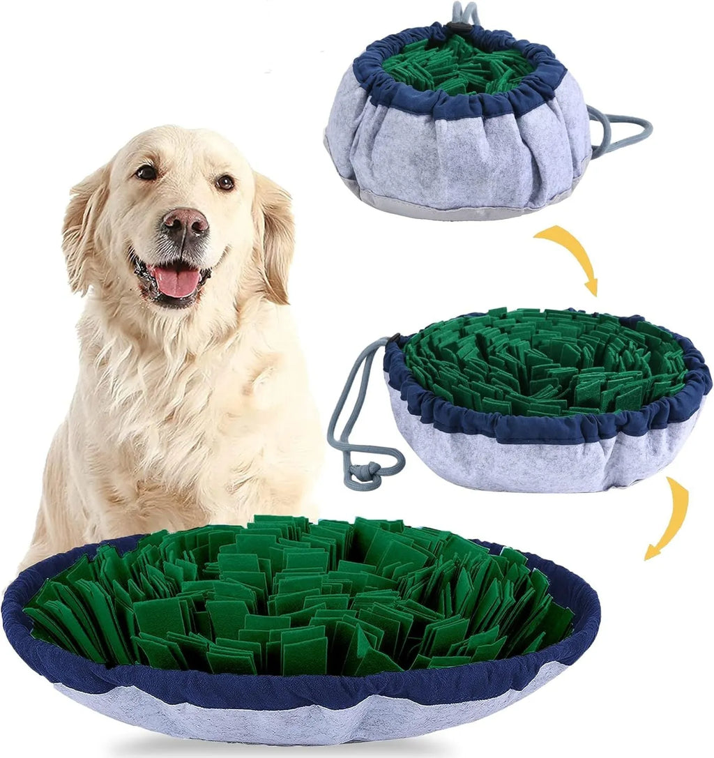 Blue adjustable cotton snuffle mat for dogs with non-slip backing on a wooden floor.