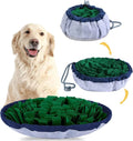 Blue adjustable cotton snuffle mat for dogs with non-slip backing on a wooden floor.