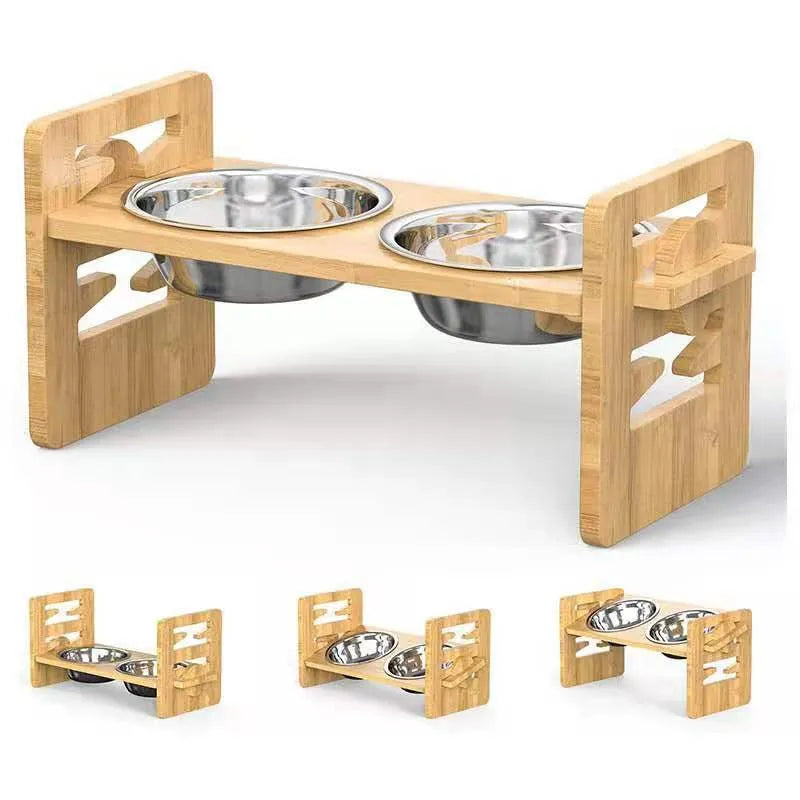 Bamboo cat and dog bowl rack, wood colour, 40 x 19.5 x 18 cm folding double bowl feeder stand with basin options