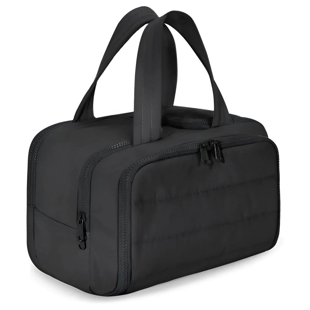 Large fluffy travel toiletry bag open wide showing soft interior, available in beige, black, light blue, pink, purple, and creamy-white.