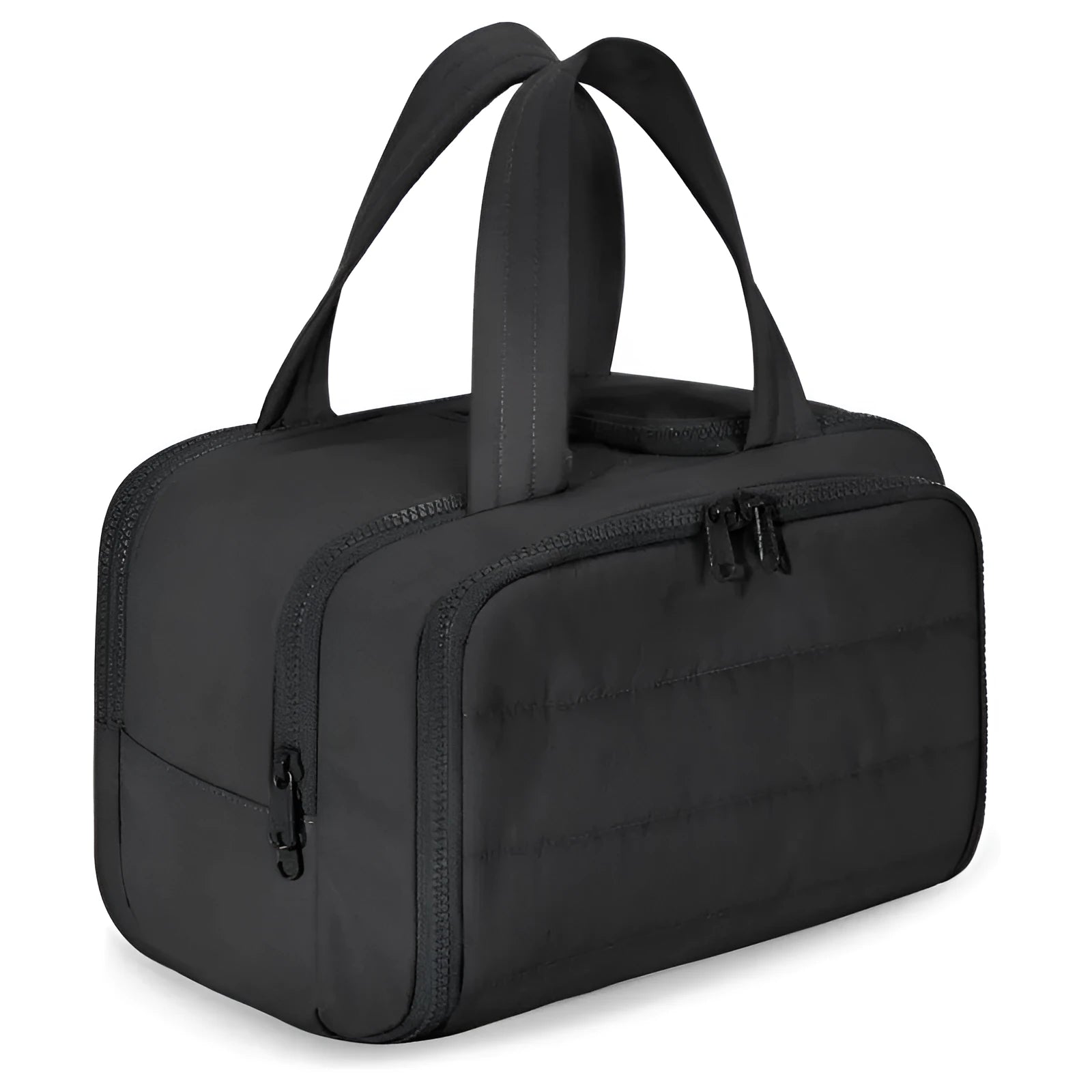 Large fluffy travel toiletry bag open wide showing soft interior, available in beige, black, light blue, pink, purple, and creamy-white.