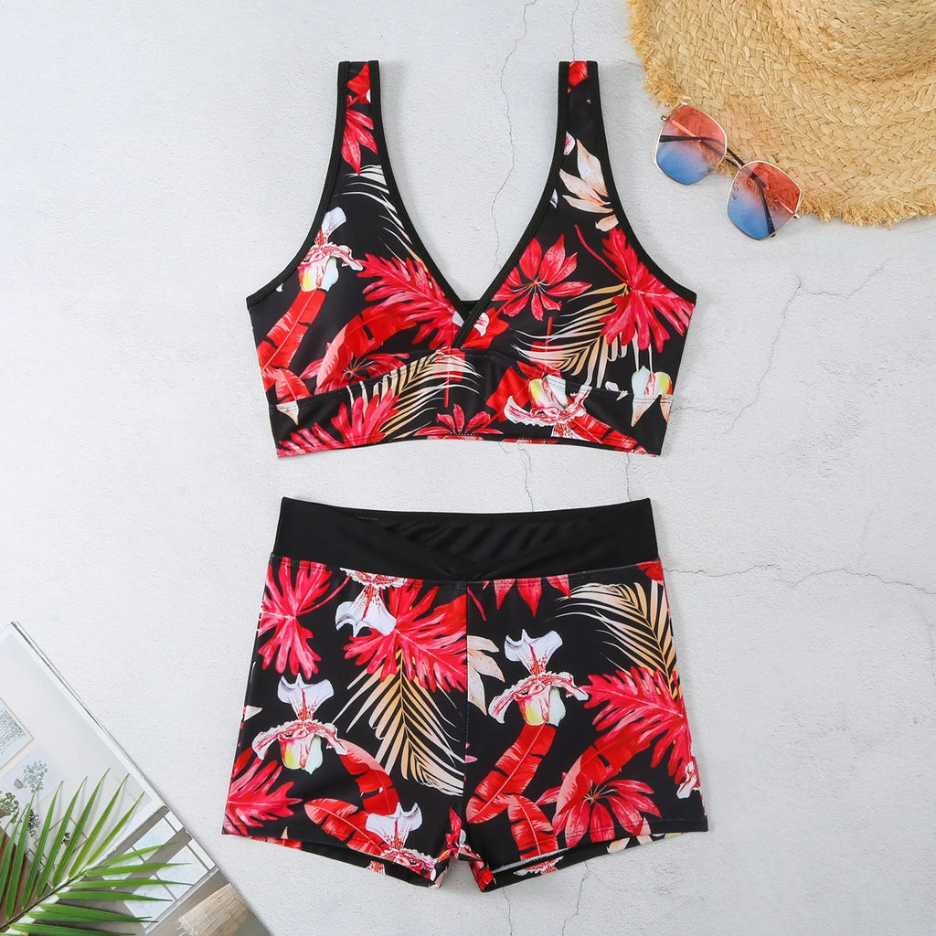 Women's two-piece swimsuit with printed boxer bottoms in floral pattern