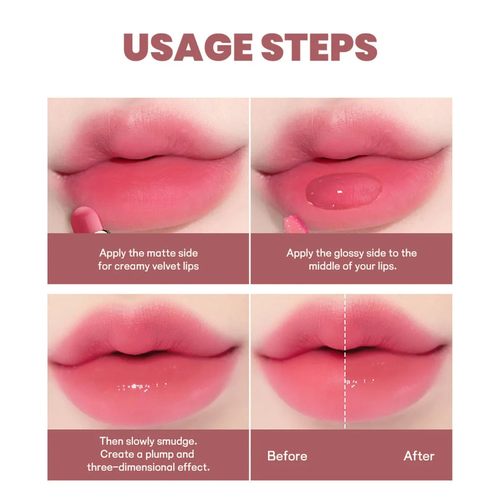 Double-headed lipstick and lip gloss product showing matte colour and gloss components