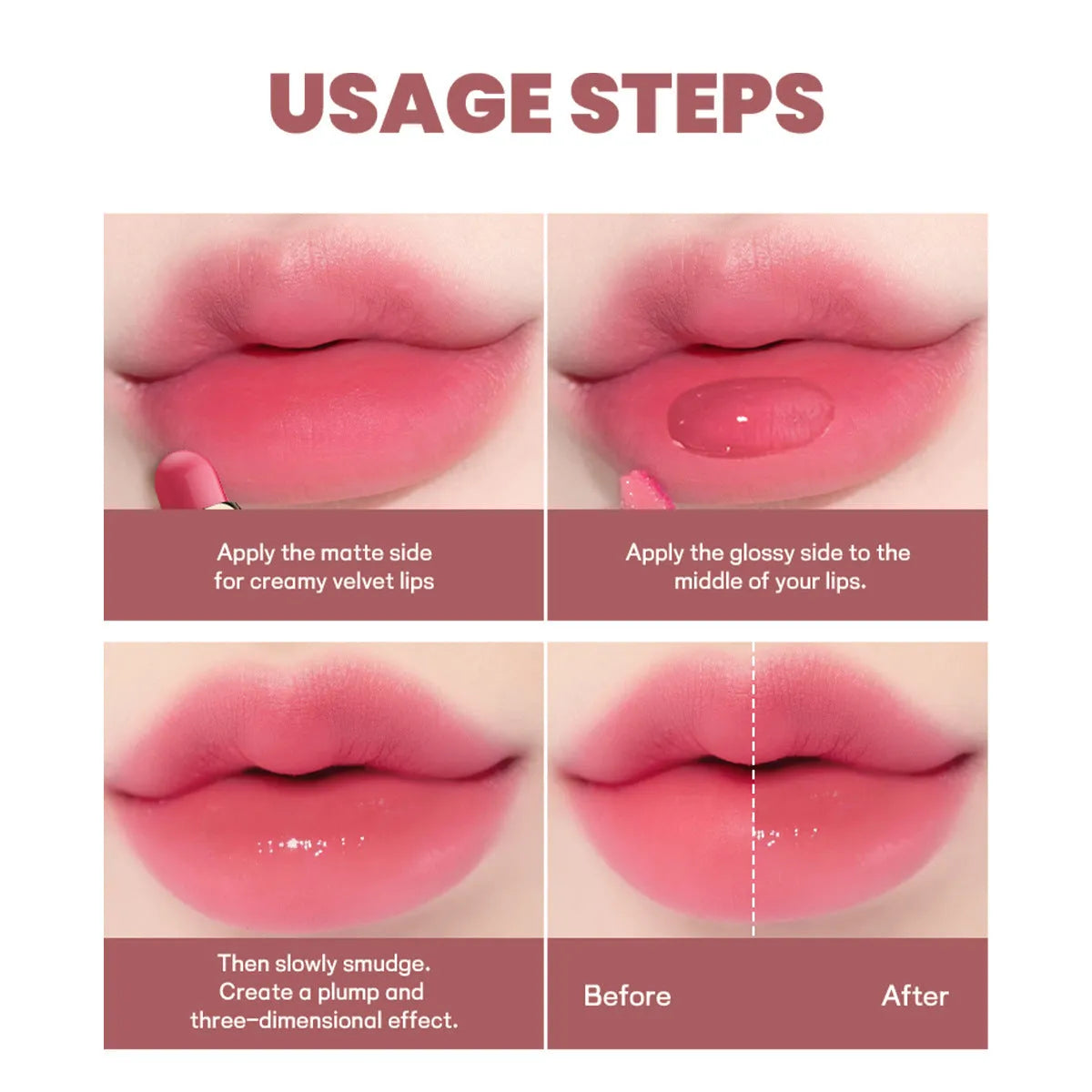Double-headed lipstick and lip gloss product showing matte colour and gloss components