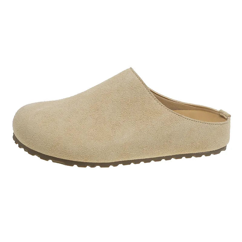 Korean style women's flat slip-on summer slippers in apricot colour with square toe and microfiber upper.