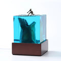 Surfing shark micro landscape resin night light ornament on wooden surface