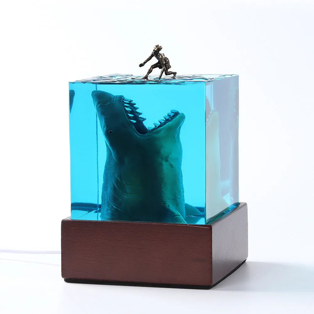 Surfing shark micro landscape resin night light ornament on wooden surface