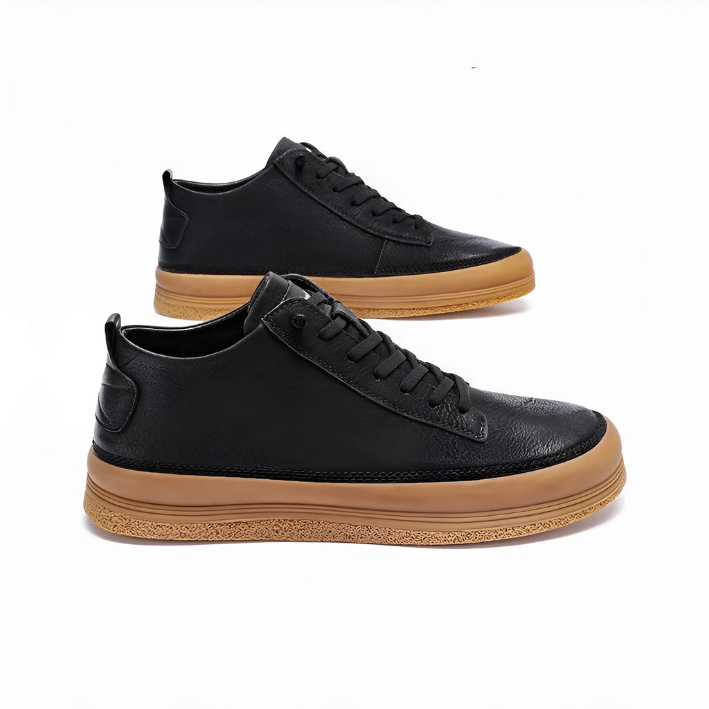 Men's black and white casual leather shoes with round toe, flat heel, and lanyard closure.