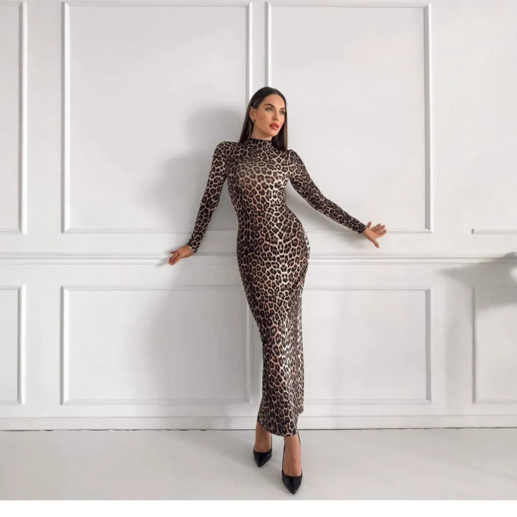 Women's leopard print long sleeve dress with stand collar and high waist hip skirt