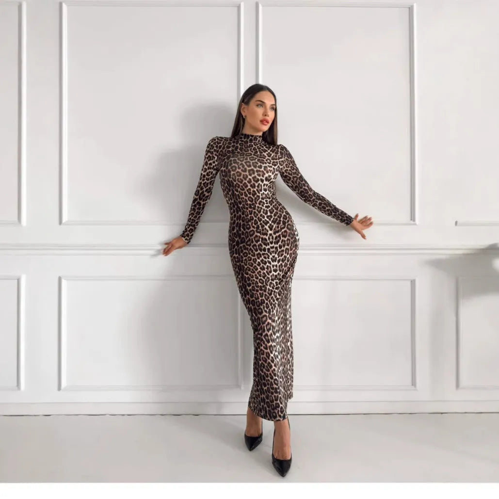 Women's leopard print long sleeve dress with stand collar and high waist hip skirt