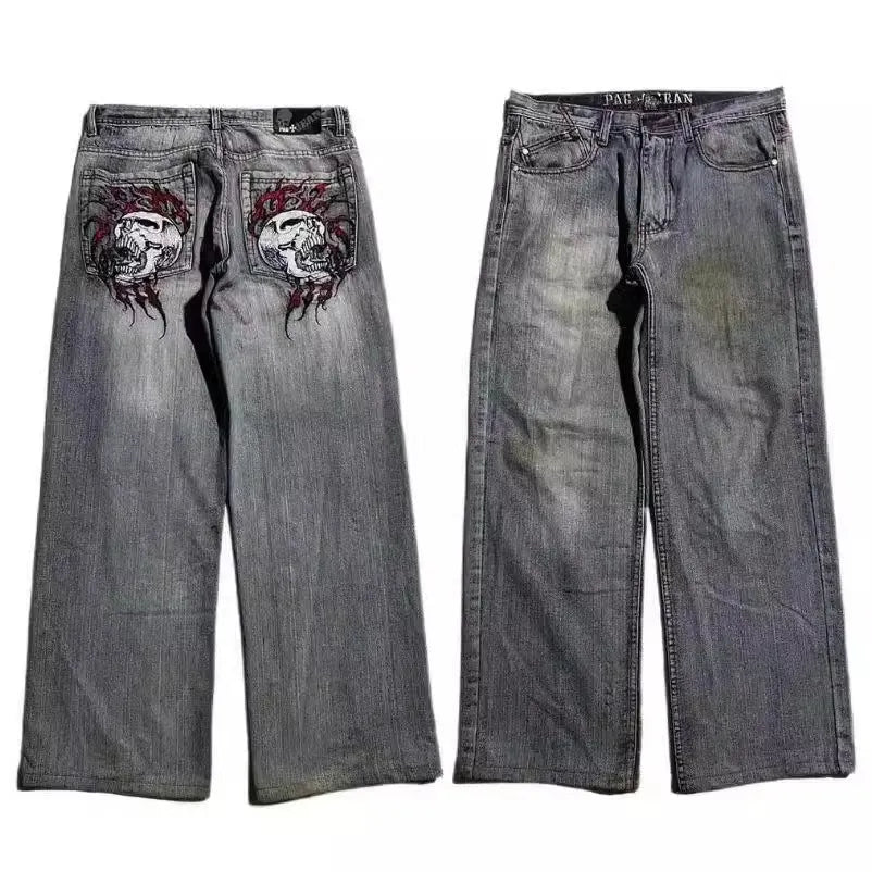 Men's grey wide-leg jeans with straight cut and retro washed-out denim finish