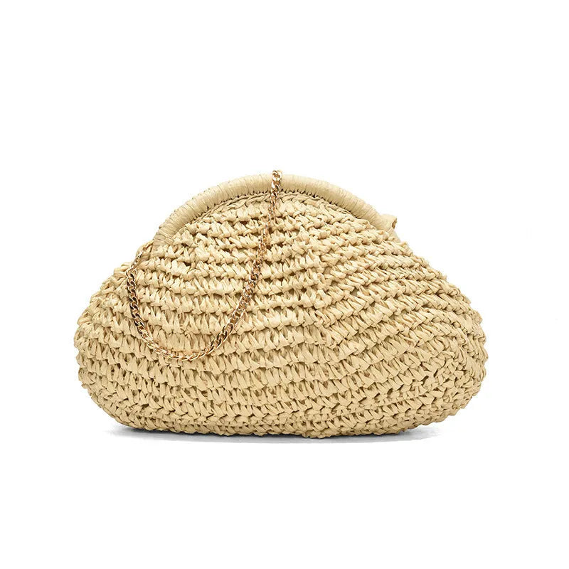 Khaki paper straw shoulder bag for women with shell shape, chain detail, and polyester lining for beach and daily use