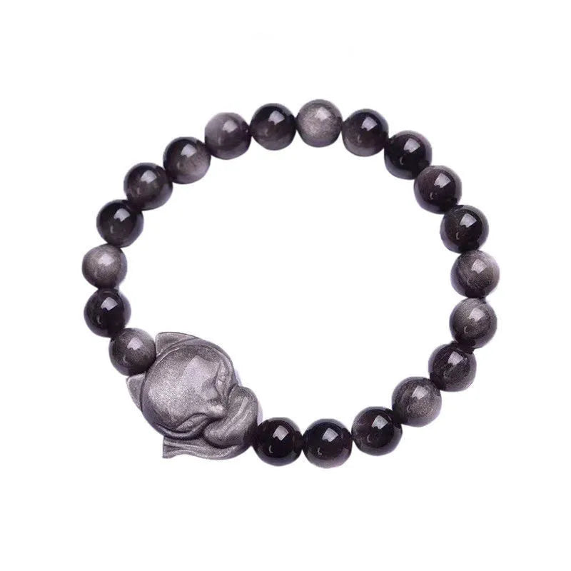 Obsidian fox bracelet with 8mm gemstone beads and fox charm pendant