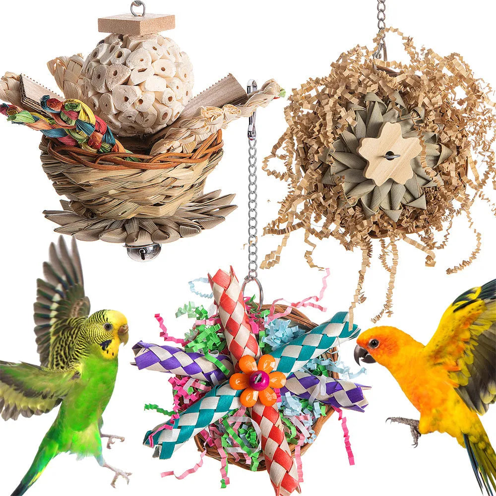 Parrot gnawing toy with coloured wood blocks on rope for small to medium birds