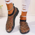 Women's flat sandals with mesh upper and colourful rhinestone decoration, round toe design with rubber sole