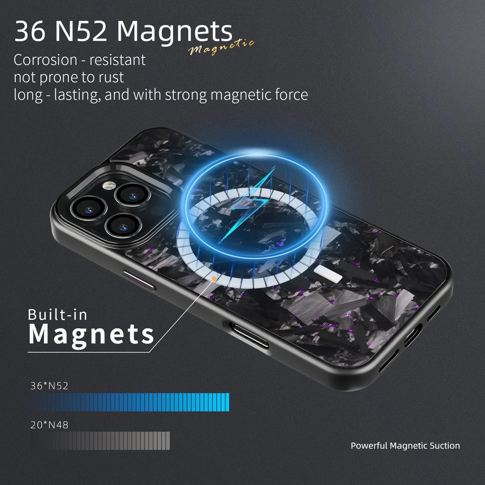 Black frame blue gold metal and carbon fibre magnetic protective case for iPhone 17 models on a table.