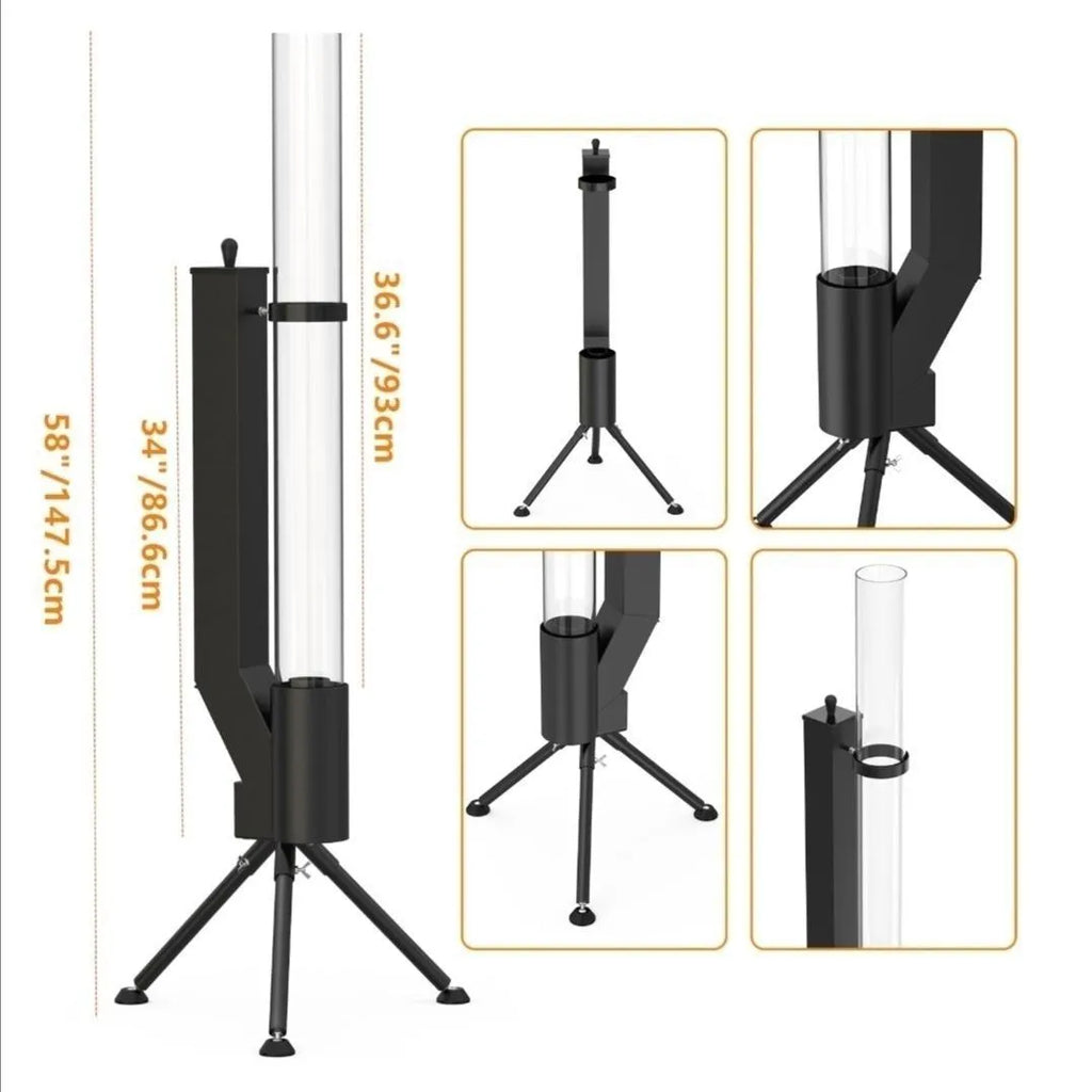Vertical cast iron wood burning rocket furnace stove for outdoor patio and courtyard heating.