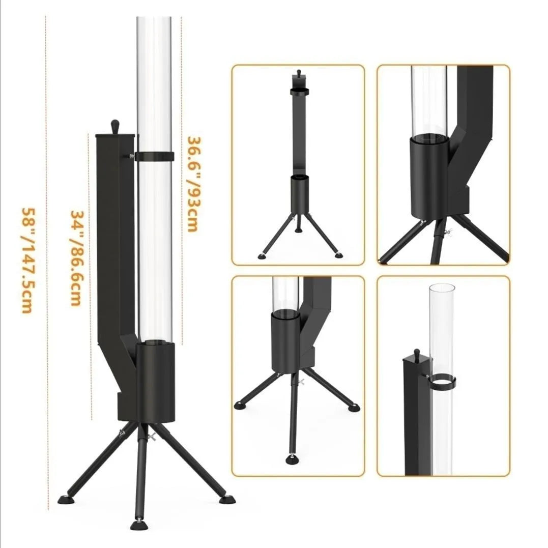 Vertical cast iron wood burning rocket furnace stove for outdoor patio and courtyard heating.