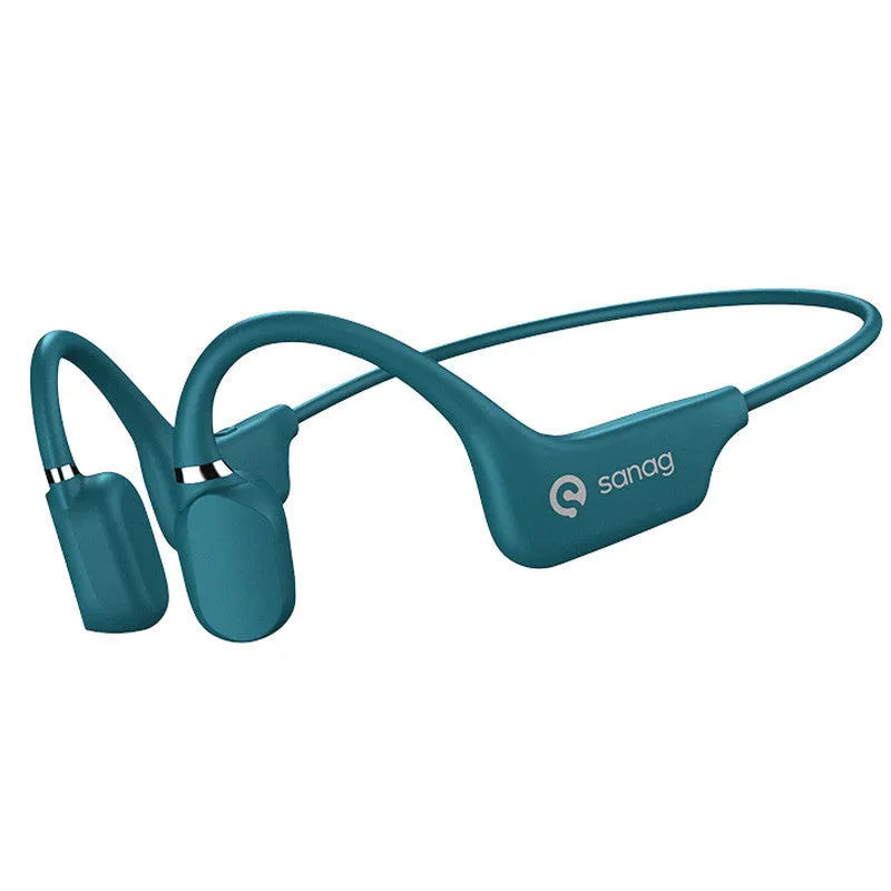 Wireless bone conduction Bluetooth headset in neckband style, shown in various colours including China Red and Mint Green.