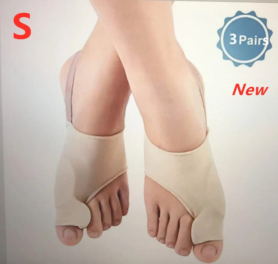 Corrective bunion relief sock with gel pad and silicone toe separator on a foot.