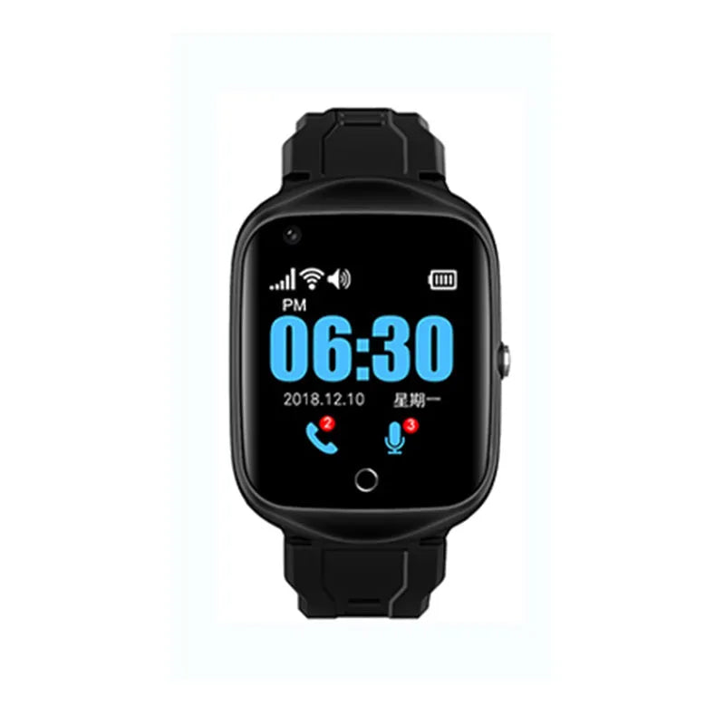 Elderly smartwatch with square colour screen and silicone strap showing GPS and SOS functions