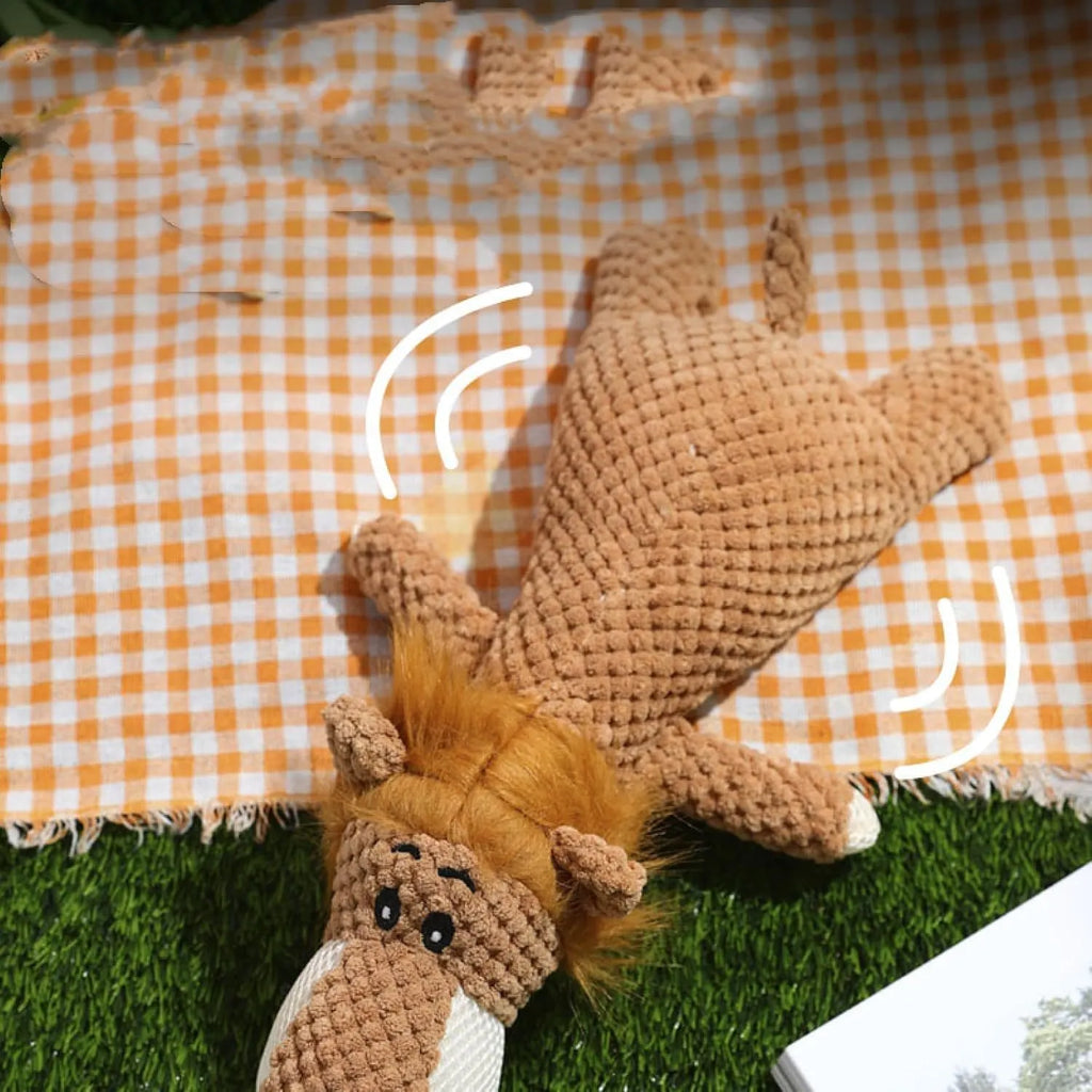 Animal-shaped plush dog toy with corn kernel texture for teeth cleaning and built-in sound device