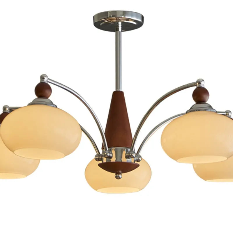 Persimmon glass and chrome chandelier with multiple light heads in Middle Ancient style