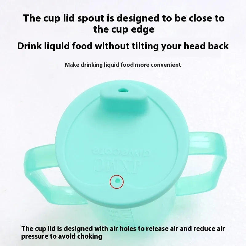 White PP plastic bedside drinking cup with slanted choke-proof spout, handle, and a blue lid