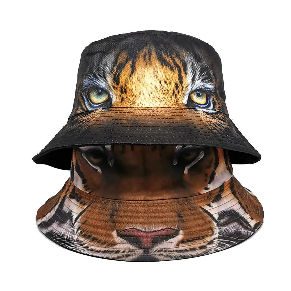 Tiger pattern bucket hat with dome crown in polyester fabric, khaki or black colour options