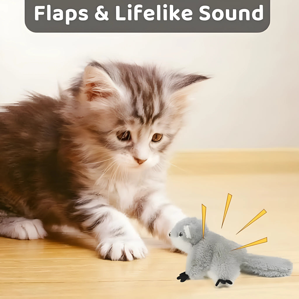 Gray flapping squirrel cat toy with electronic components and soft plush material
