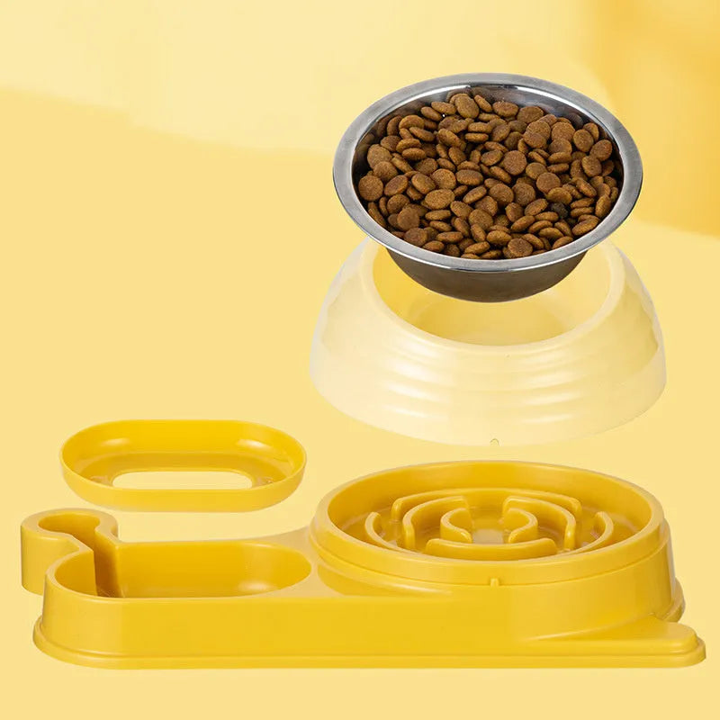 Brown elevated cat bowl set with automatic water bottle and curved food dish