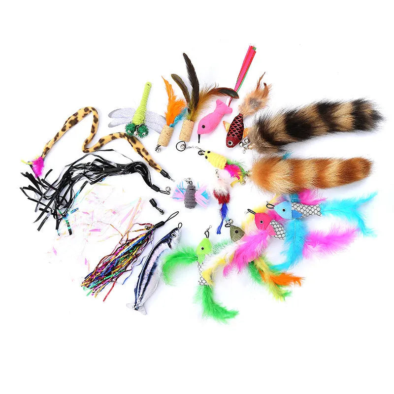 Cat teaser pole set with two fishing rods and ten feather lure heads for interactive play