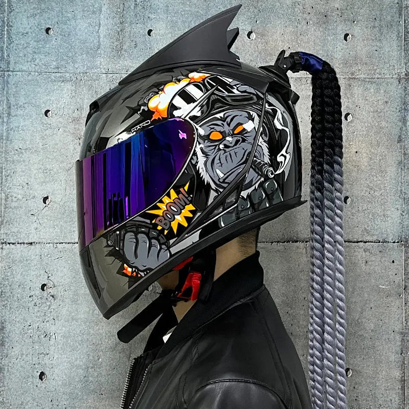 Couples' Dirty Braids full face motorcycle helmet in Black Clown graphic style on a white background.