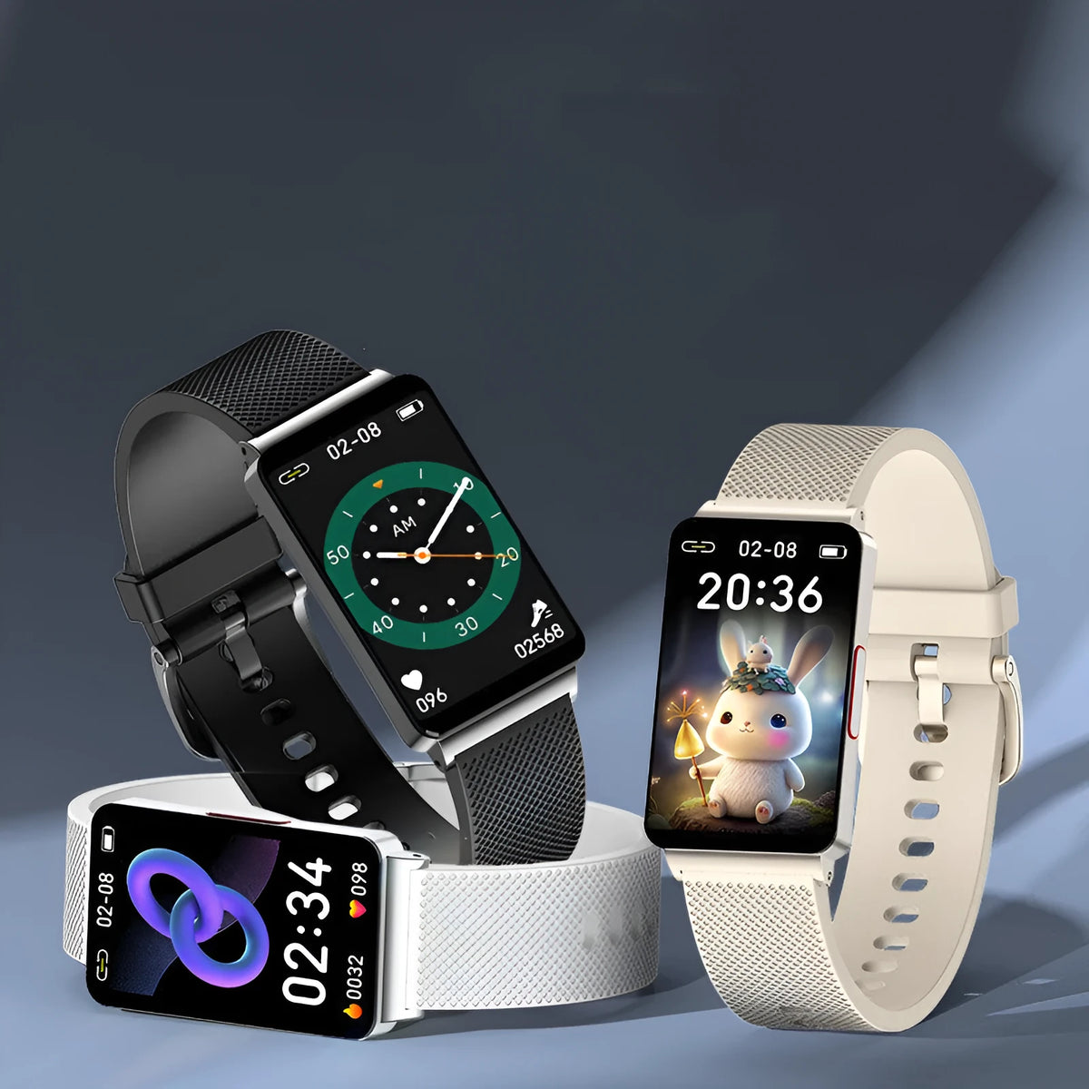 EP08 Smart Bracelet with touchscreen in black, gold, or silver colours on a TPU strap.