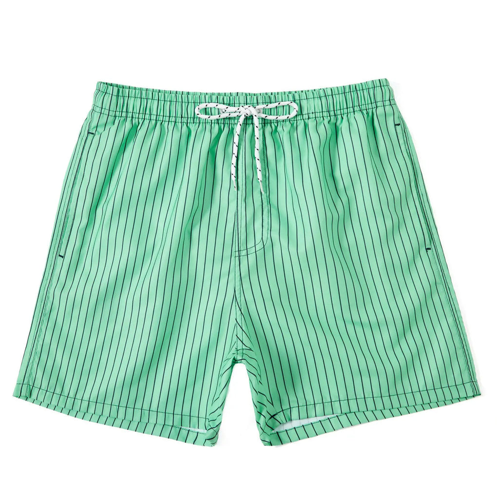 A pair of grey striped casual shorts with a straight leg opening, laid flat.