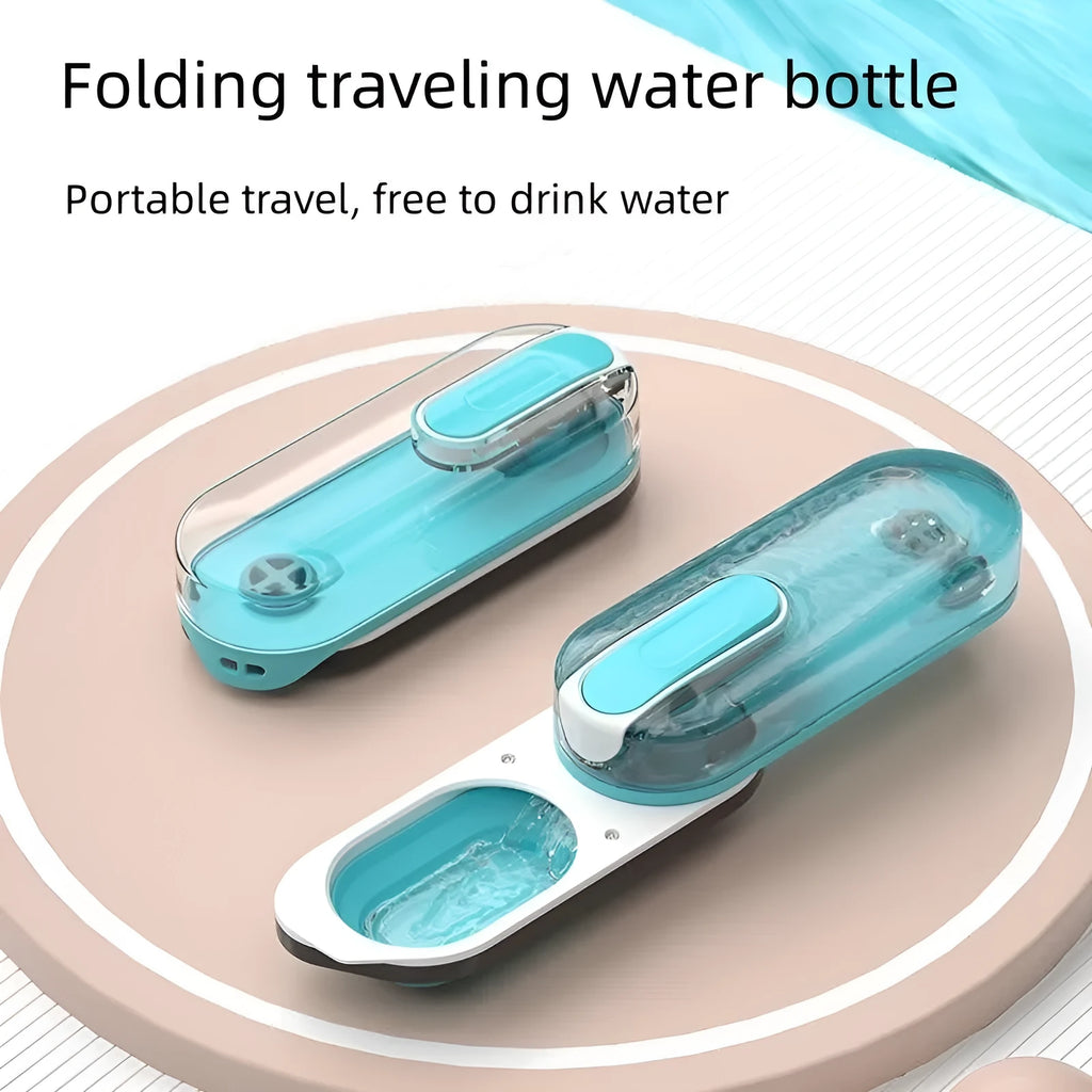 Blue portable dog water bottle with foldable silicone drinking bowl attached, showing screw lid.