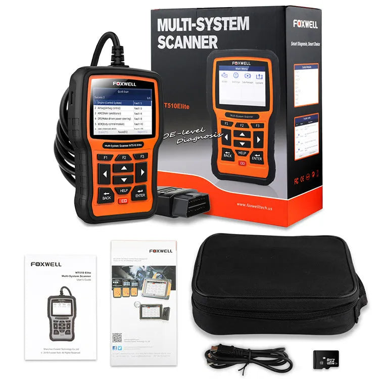 Foxwell NT510 orange and black automotive diagnostic scanner with screen and data cable.