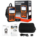 Foxwell NT510 orange and black automotive diagnostic scanner with screen and data cable.