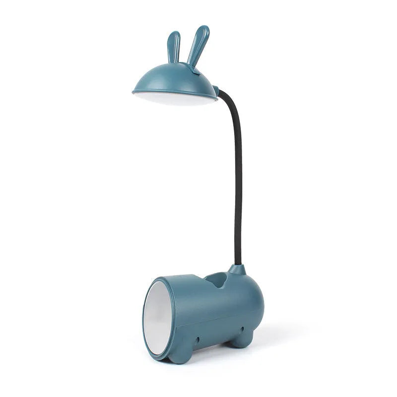 Cartoon-style USB desk lamp with pen container in dark blue, green or pink colours