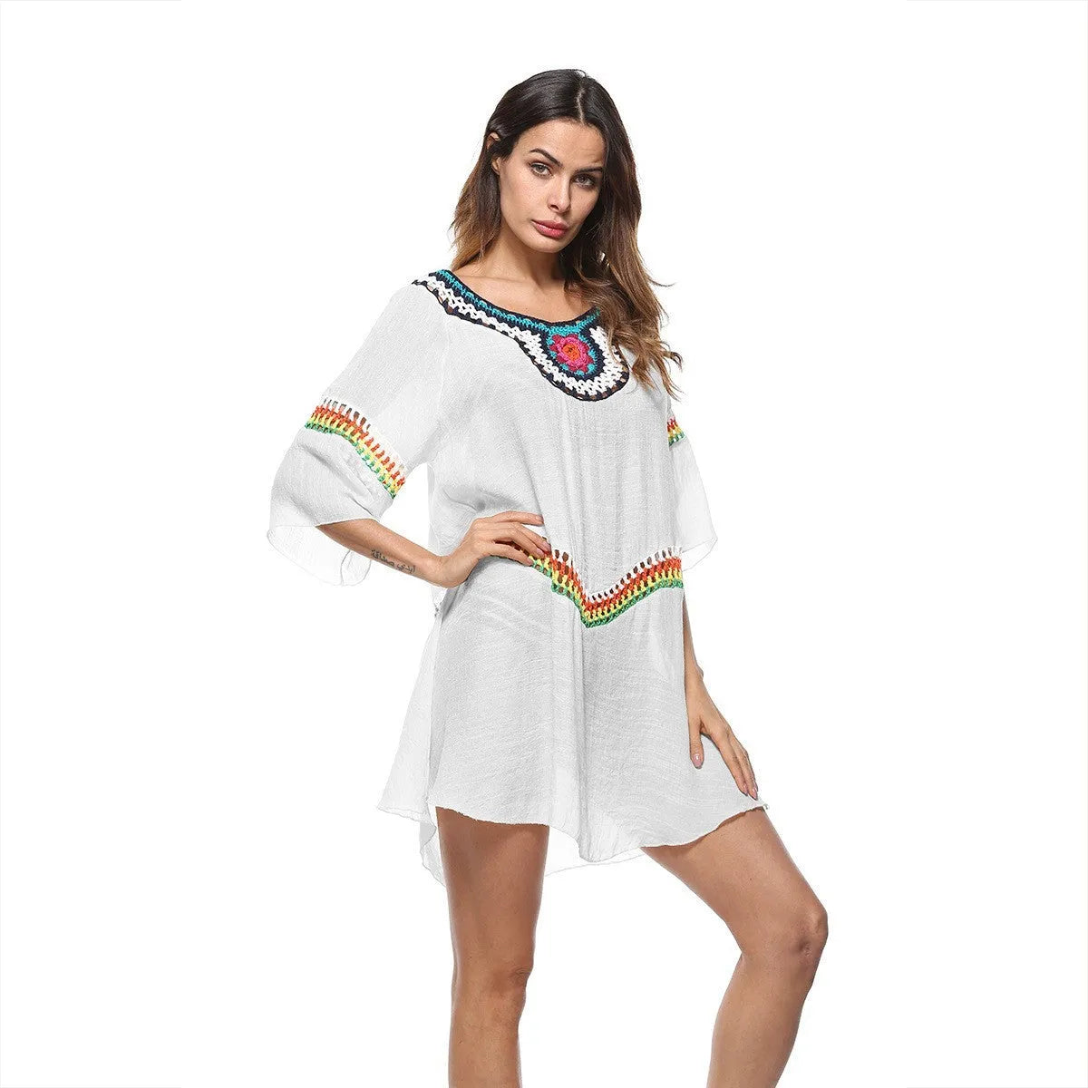 Woman's ethnic crochet beach cover-up top in apricot colour, free size, for sun protection.