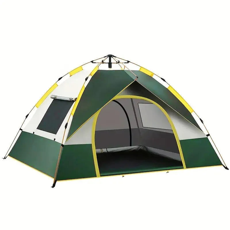 Dark green automatic camping tent with fibreglass poles and silver tape coating set up outdoors