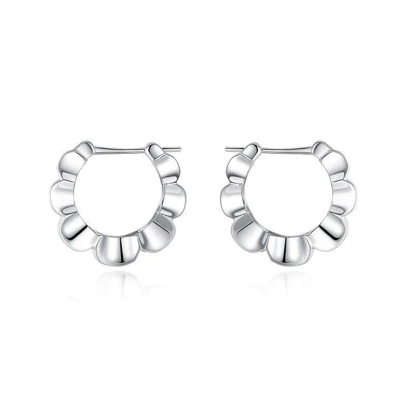 A pair of sterling silver retro geometric V-shaped earrings with a round element and electroplated finish.