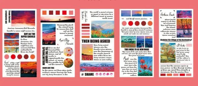 Pack of 20 rectangular paper stickers depicting famous landscape paintings measuring 60mm by 120mm.