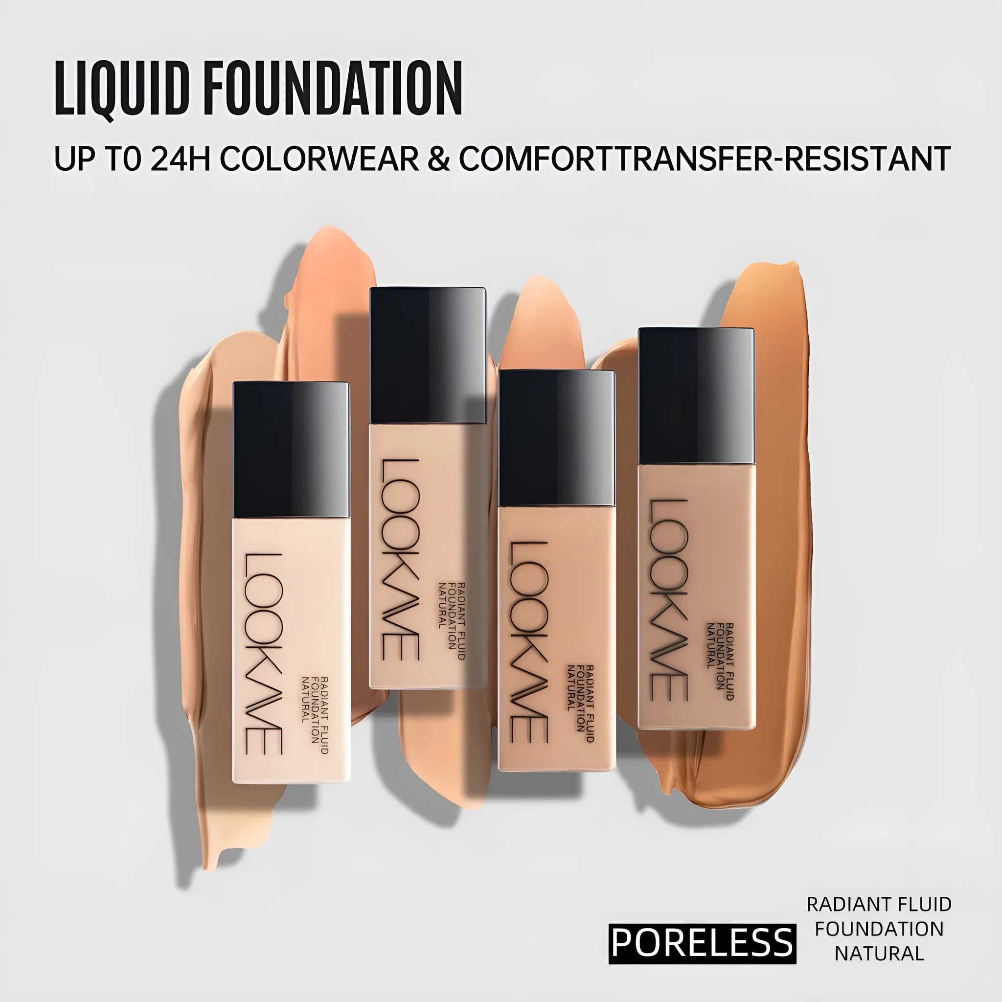 LOOKAVE matte liquid foundation bottle showing Ivory White shade, 21g waterproof formula with brightening effect.