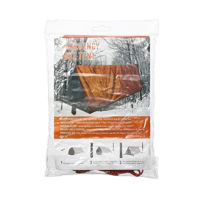 Portable orange disaster relief tent with sleeping bag and emergency blanket for emergency shelter
