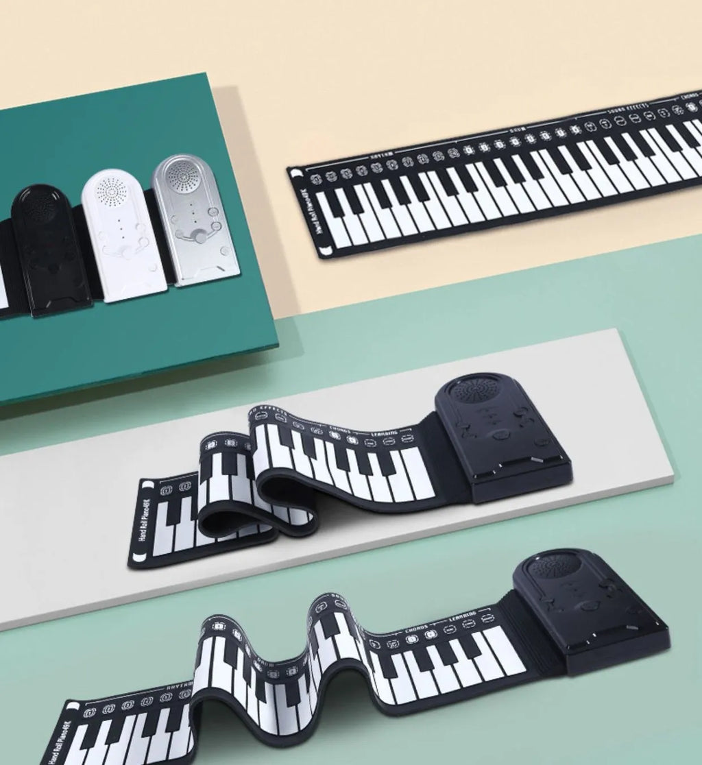 49-key portable folding electronic keyboard in gloss black, showing folded and unfolded positions