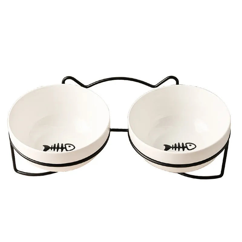 Ceramic pet bowl with iron frame featuring cat footprints pattern