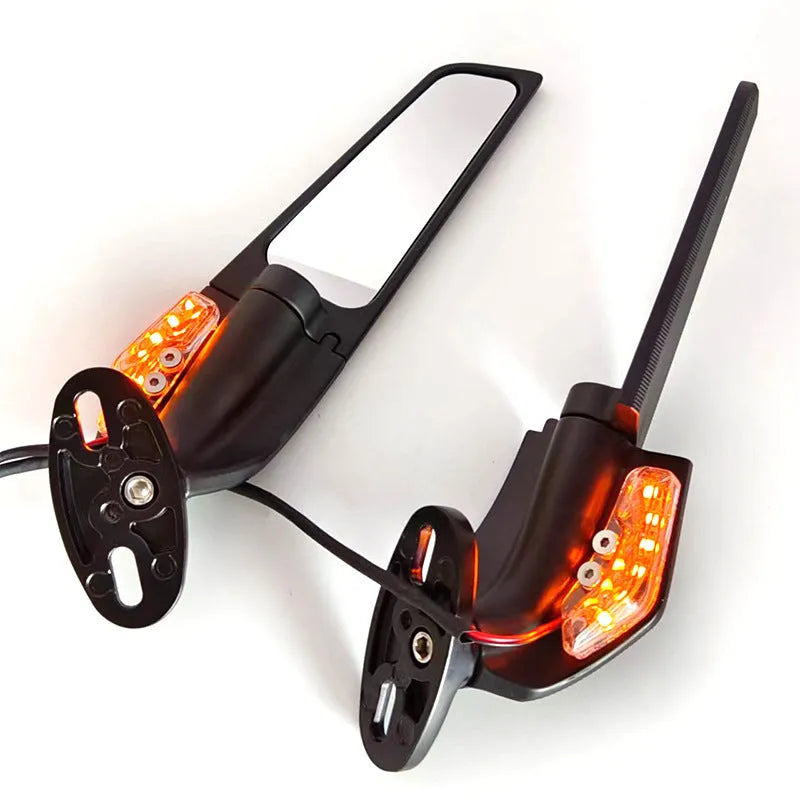 Motorcycle rearview mirror spoiler with integrated yellow light, aluminium alloy construction, convex white glass lens