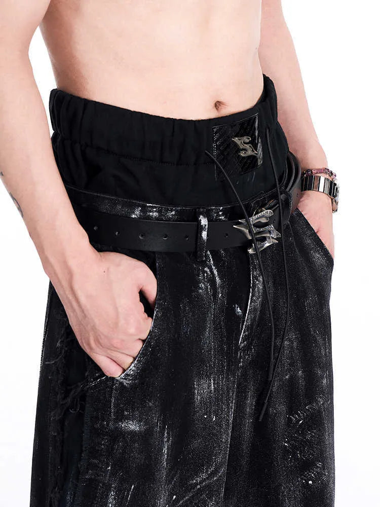 Black men's leather belt with a metal letter detail, shown at its 110cm length.